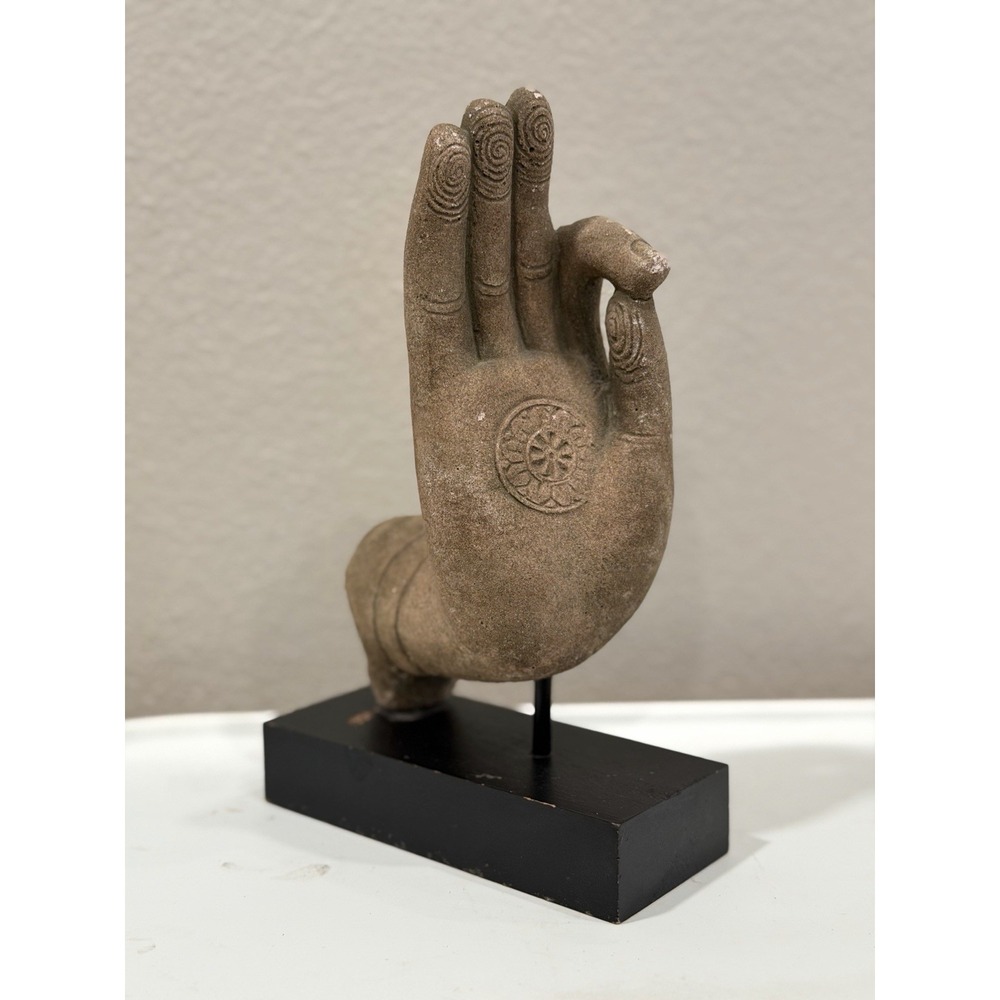 Vintage Sandstone Hand Buddha Vitarka Mudra Dharmachakra Wheel Statue Stand